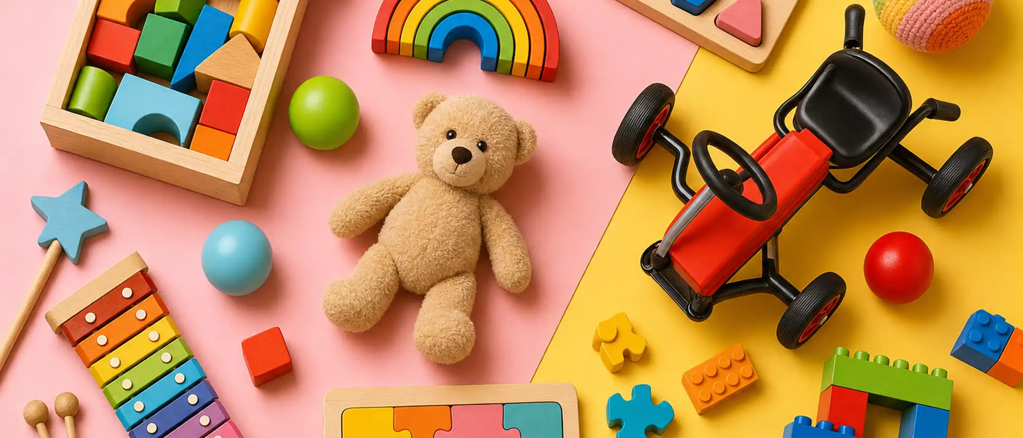 Een kleurrijke verzameling speelgoed: houten blokken, een knuffelbeer, een skelter en puzzelstukjes